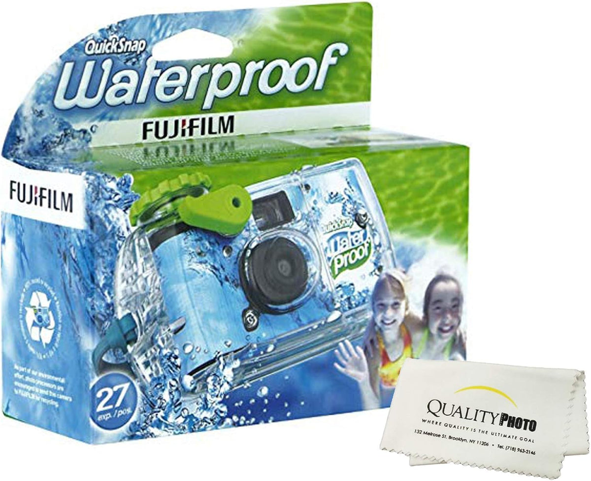 Quality Photo Fujifilm QuickSnap front view showing compact waterproof body and strap for easy handling