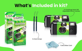 fujifilm QuickSnap beside a smartphone for scale showing small footprint and travel-friendliness