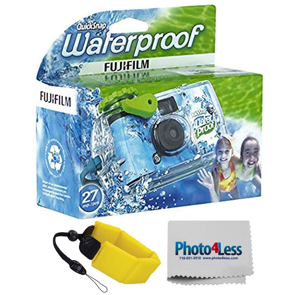 Fujifilm QuickSnap Waterproof front packaging showing camera and yellow floating strap for easy retrieval