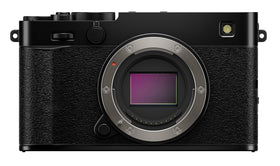 Fujifilm X-E5 front-left angle showcases portable street photography capability.