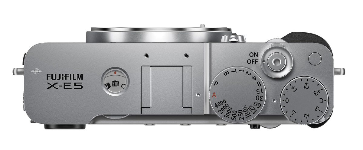 Fujifilm X-E5 back angle shows intuitive controls for quick shooting.
