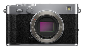 Fujifilm X-E5 silver body top view with aluminum finish for durable style.