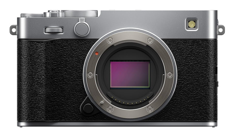 Fujifilm X-E5 silver body top view with aluminum finish for durable style.