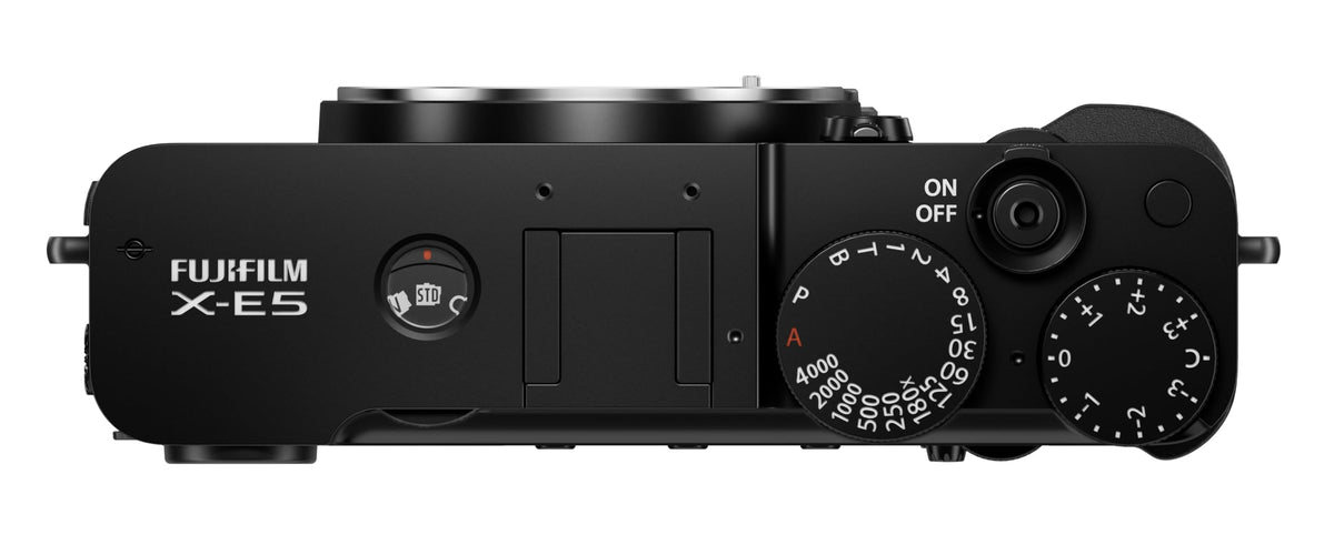 Fujifilm X-E5 top aluminum plate emphasizes premium build and durable feel.