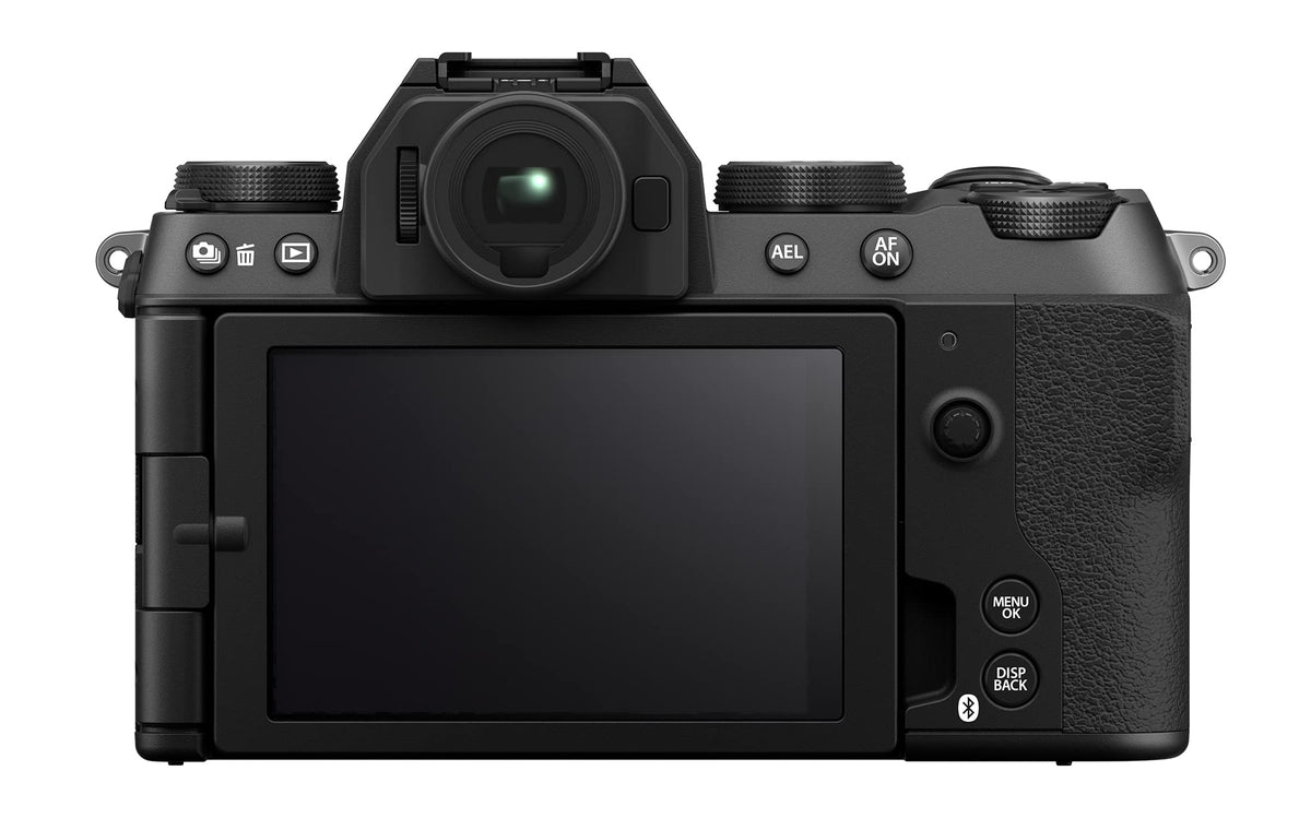 Fujifilm X-S20 back view shows 180-degree LCD for selfies and angles