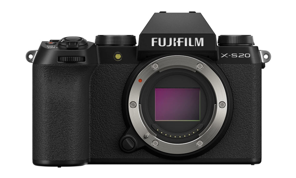 Fujifilm X-S20 front view highlights compact body for portable shooting