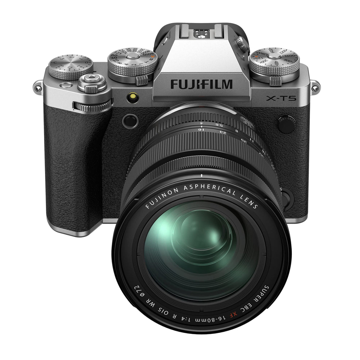 X-T5 silver camera back showing dials and ergonomic design for all-day use.