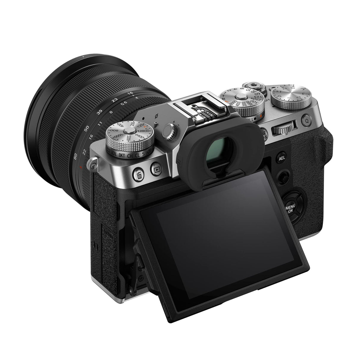 Electronic viewfinder and tilting LCD on X-T5 for versatile framing.