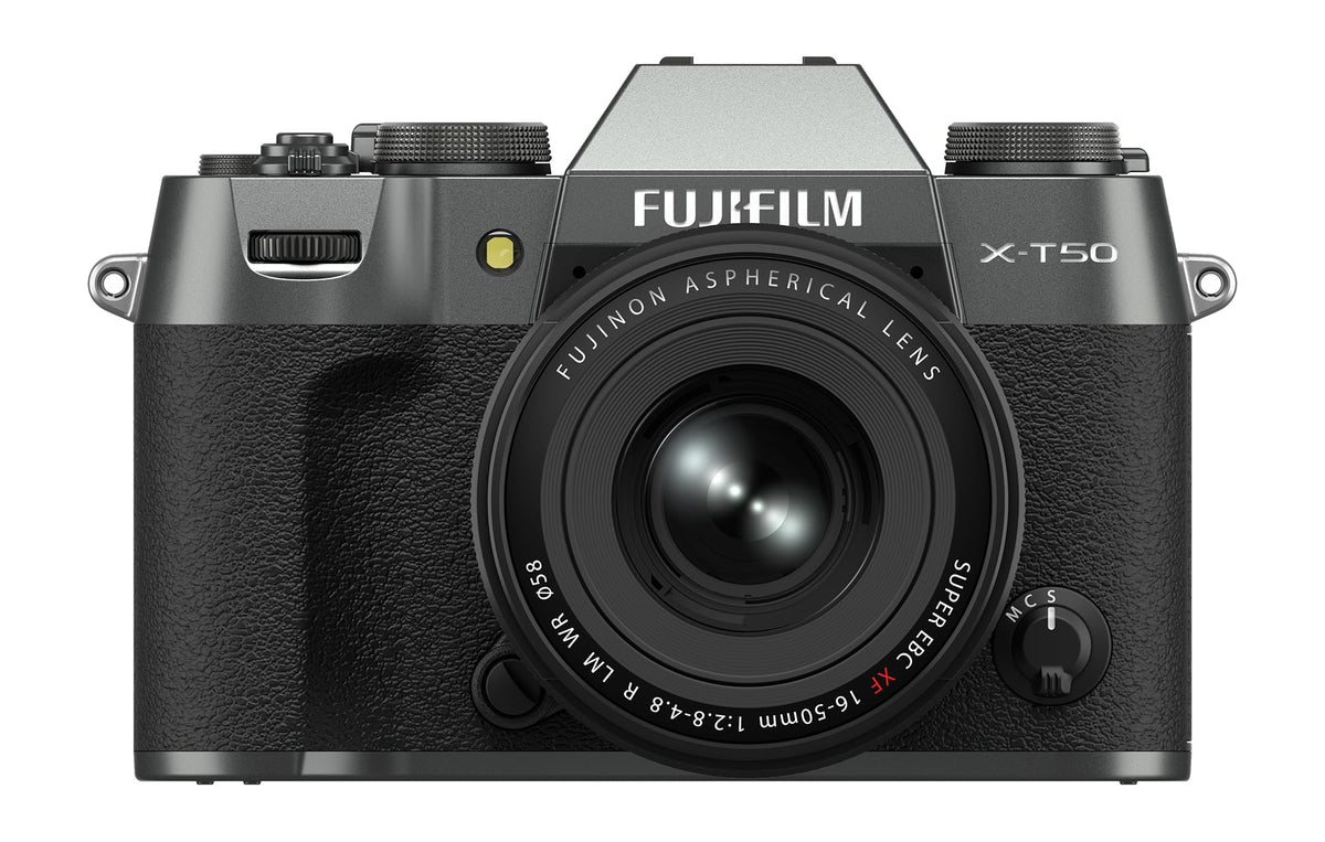Fujifilm X-T50 Charcoal Silver front view for travel-ready photography.