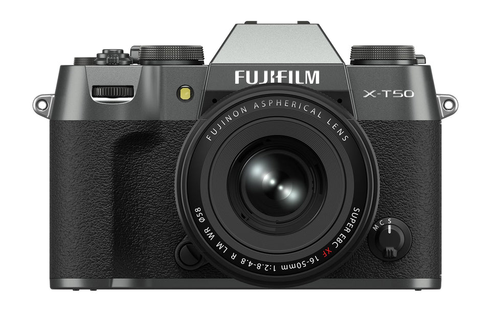 Fujifilm X-T50 Charcoal Silver front view for travel-ready photography.