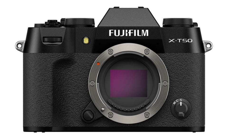 Fujifilm X-T50 with Film Simulation dial enables quick creative color profiles during travel.