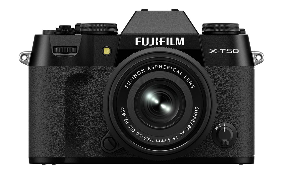 FUJIFILM X-T50 with XC15-45mm lens, front view, ideal for travel photography.
