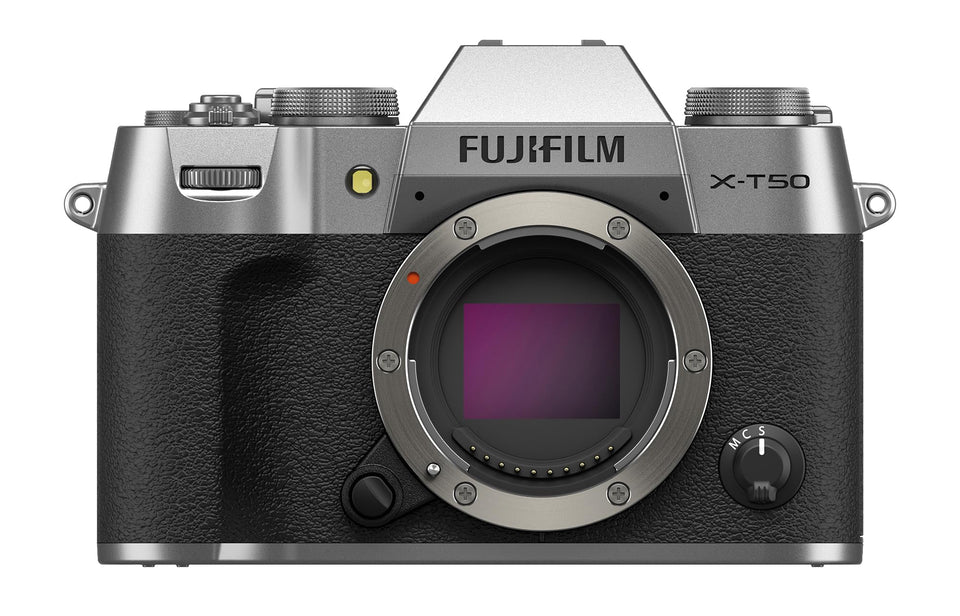 Fujifilm X-T50 silver body with compact travel-friendly design for daily photography.