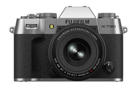 FUJIFILM X-T50 silver front view, compact travel-ready design for everyday photography