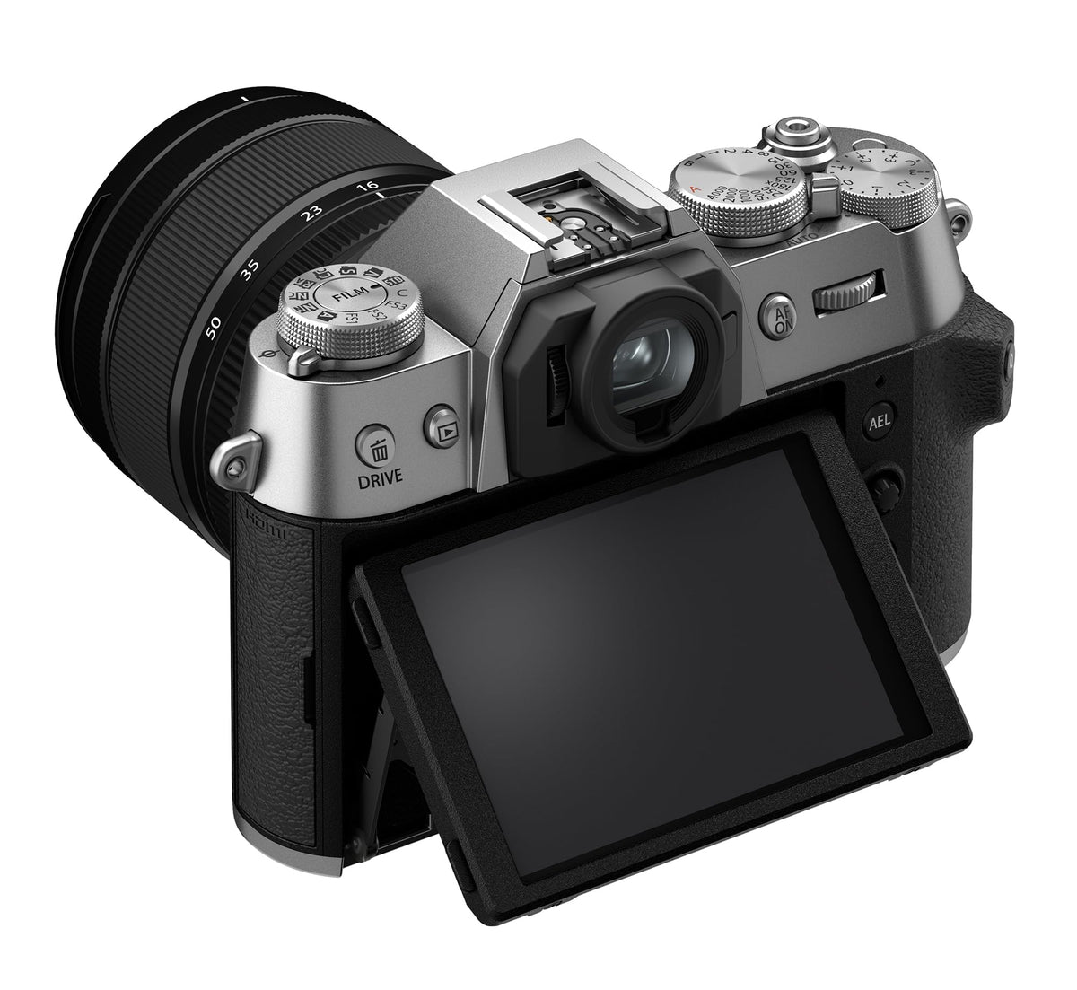 Fujifilm X-T50 silver side view shows ergonomic grip for stable shots