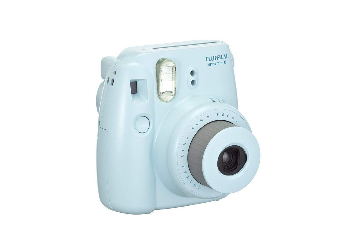 Instax Mini 8 Blue side view emphasizes slim profile and portable feel