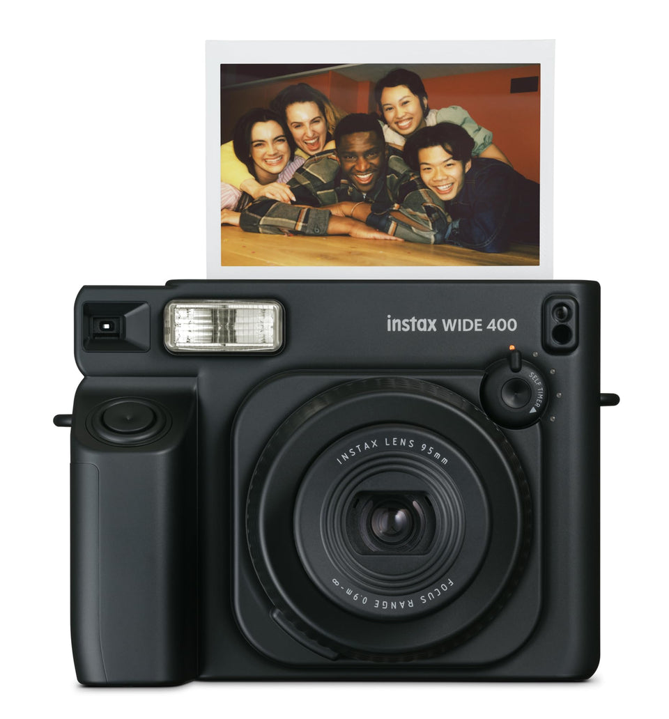 FUJIFILM Instax Wide 400 black camera front view for wide-angle capture on the go.