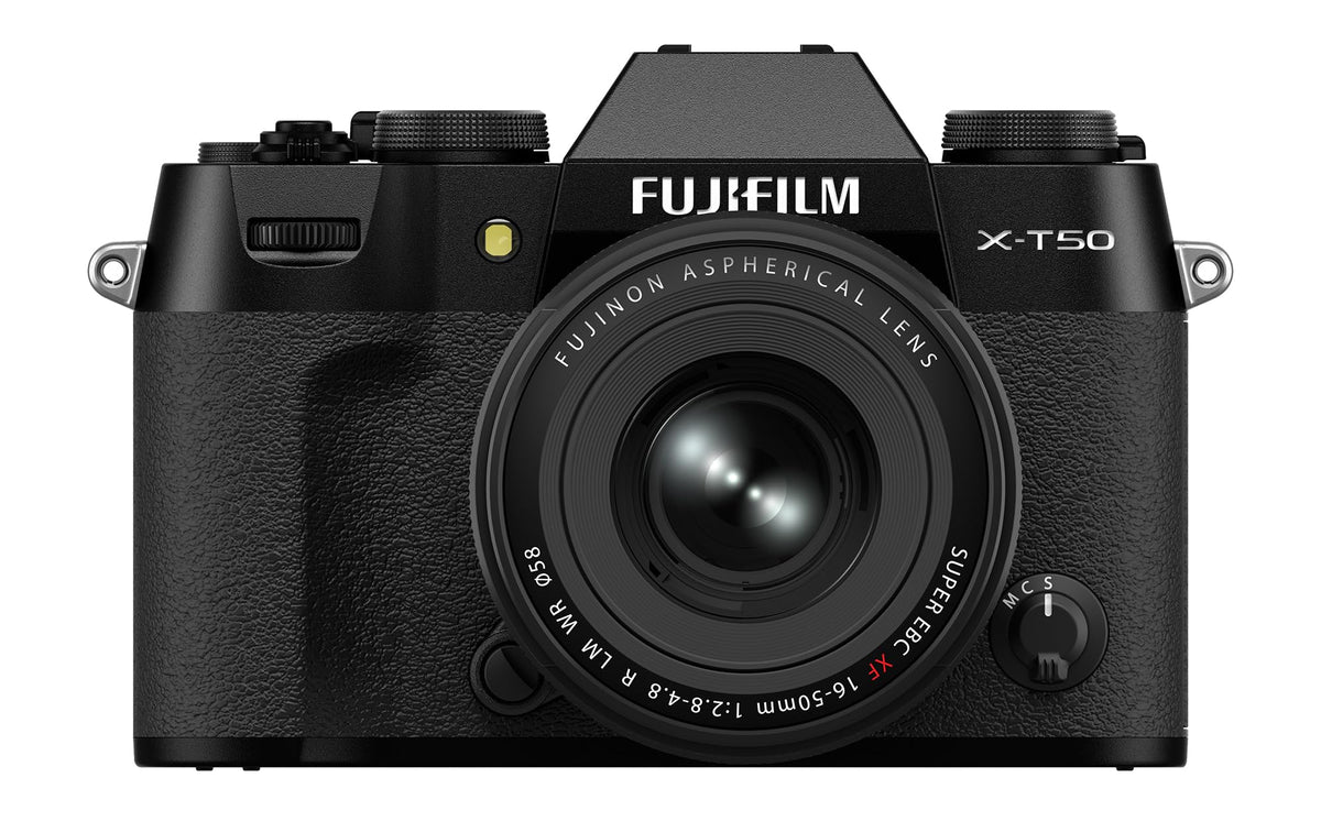 FUJIFILM X-T50 front view with kit lens for portable travel shooting.