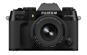 FUJIFILM X-T50 front view with kit lens for portable travel shooting.