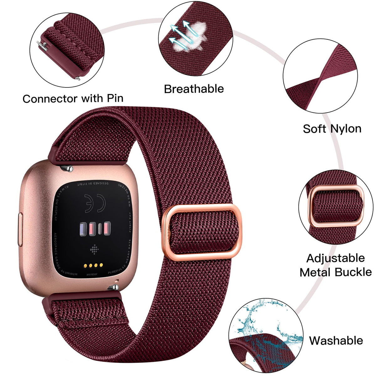 Fuleda Versa 2 rose pink band with soft braided nylon for all day wear
