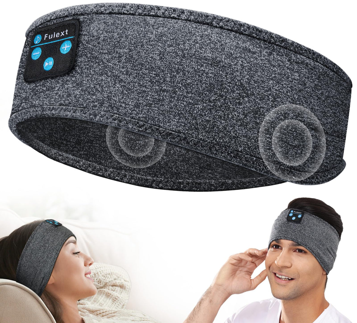 Fulext Bluetooth sleep headband close-up with slim speakers for comfortable night listening.
