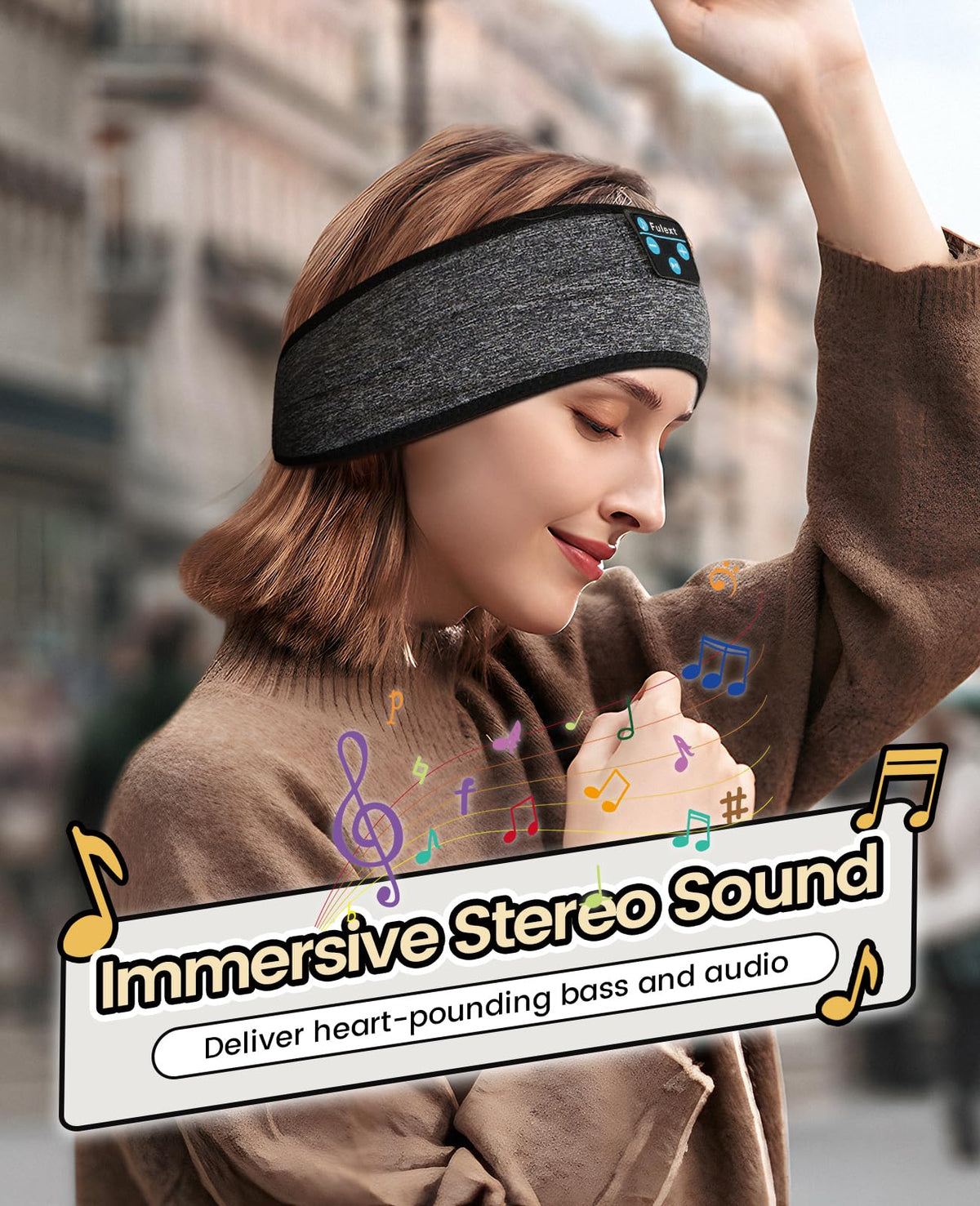 Fulext sleep headphones band close-up shows flat speakers for comfort.