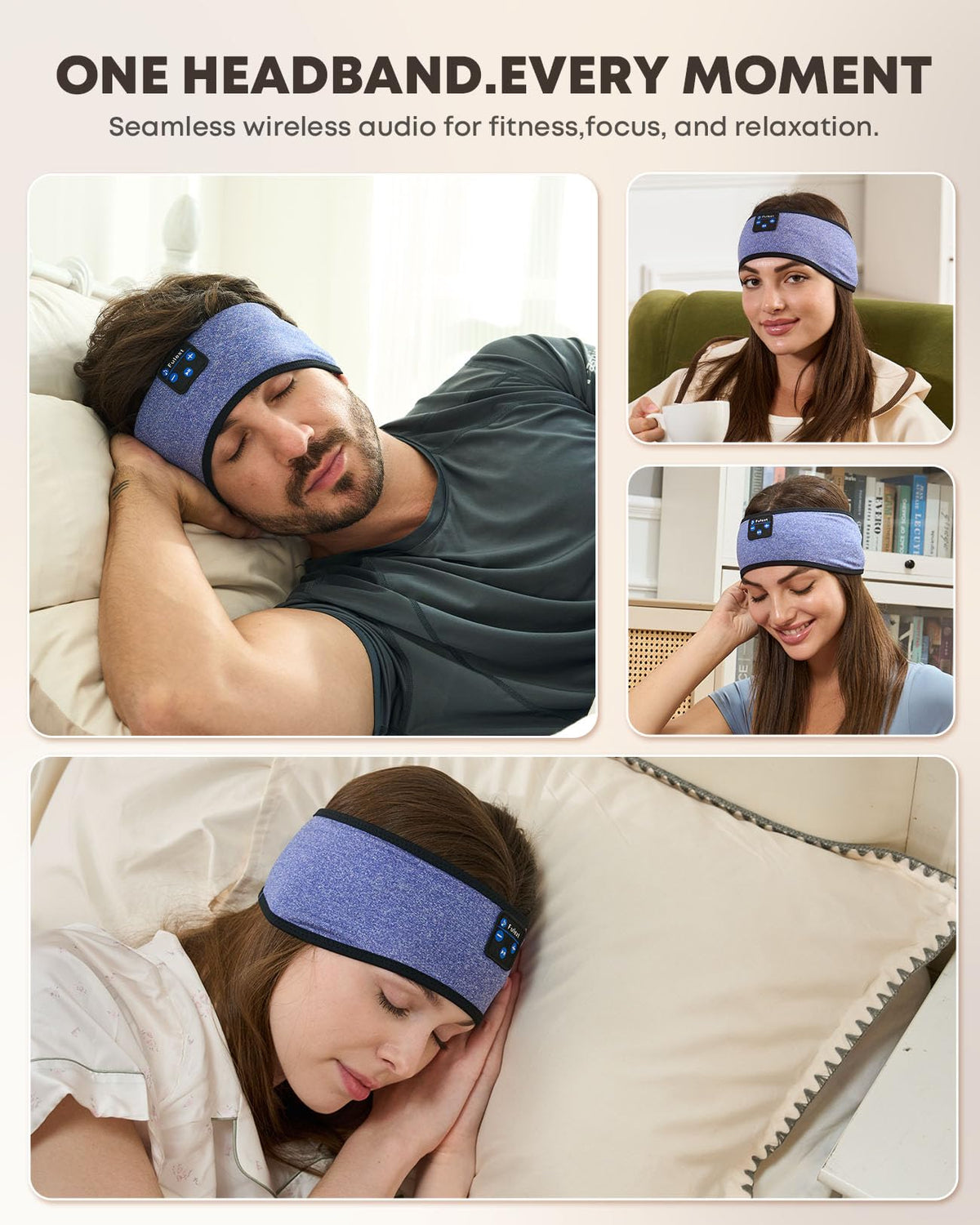 Fulext sleep headband packaging highlights washable design and fit.