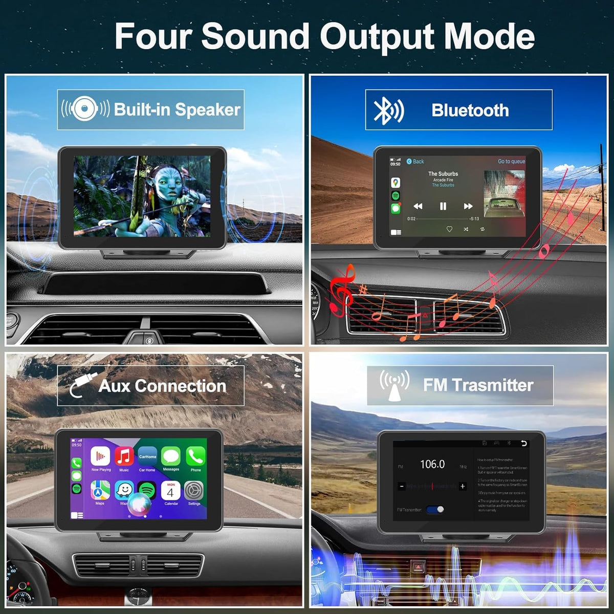 FUNAURORE audio outputs panel showing AUX FM Bluetooth for flexible sound benefit