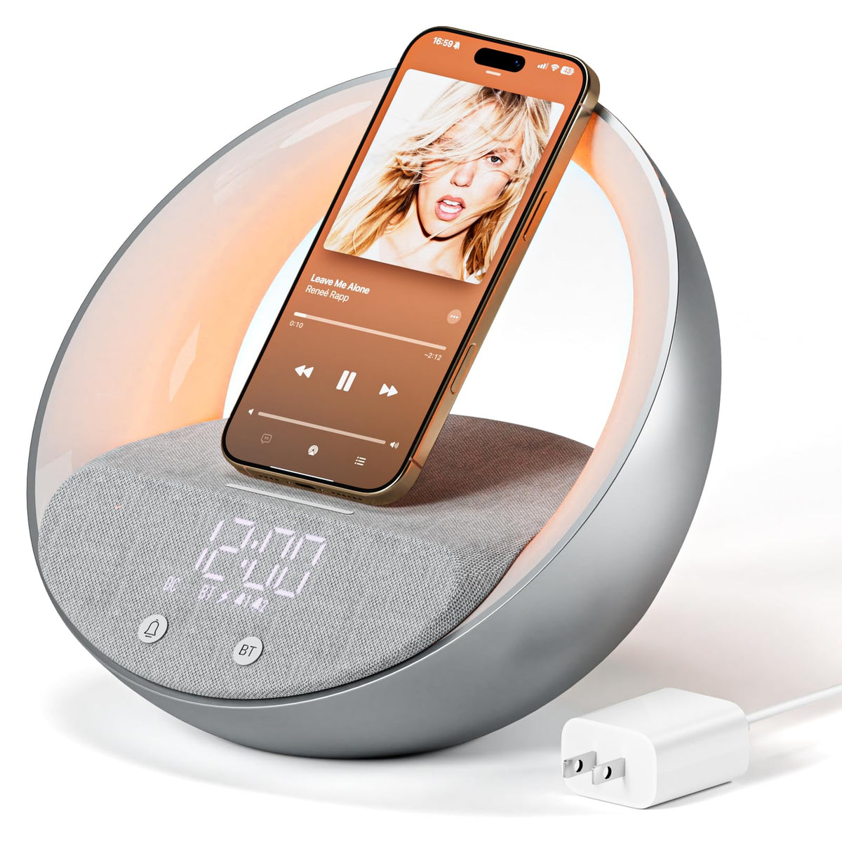 FUNFOR Bluetooth Alarm Clock front view with sunrise simulation and dimmable display