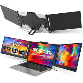 Funhill 14-inch screen extender front view shows a compact triple-monitor setup