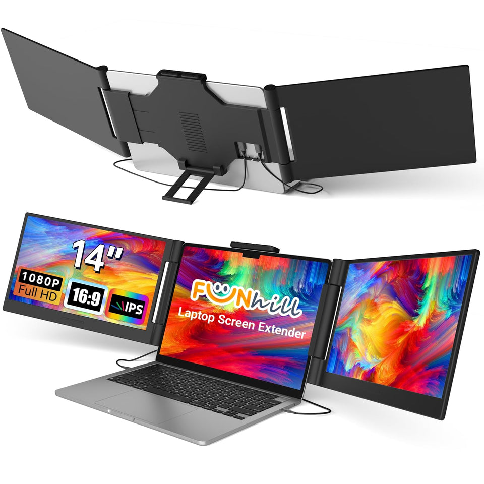 Funhill 14-inch screen extender front view shows a compact triple-monitor setup