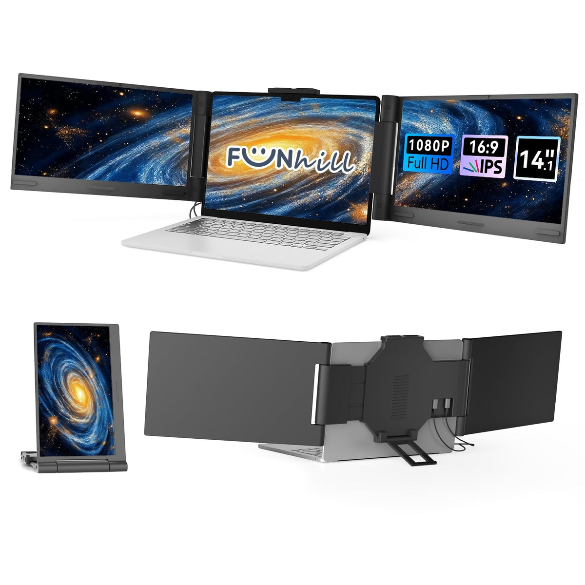 Funhill laptop screen extender setup showing expanded multitasking workspace