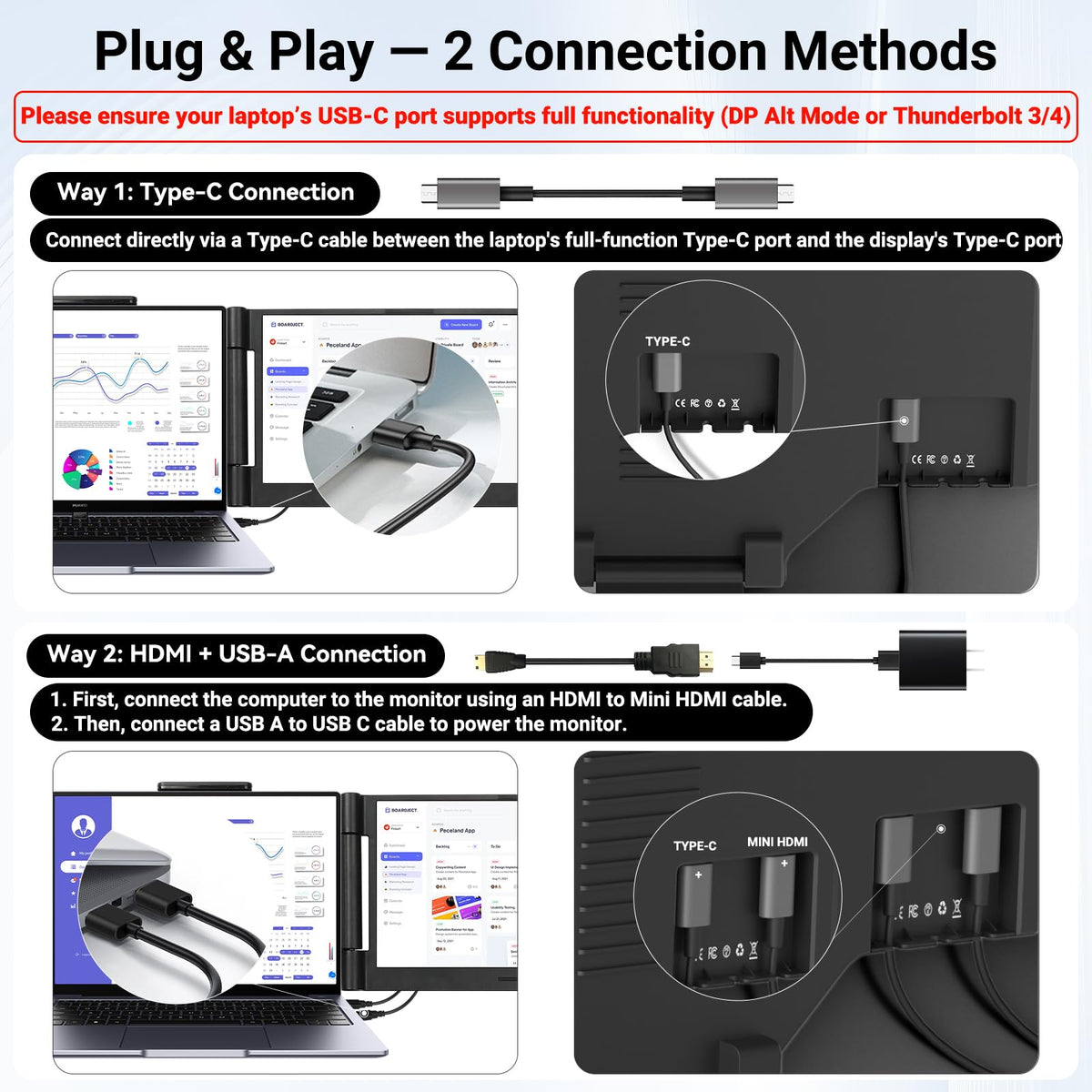 Funhill portable-monitor-usb-c-hdmi-connectivity plug-and-play with many devices.