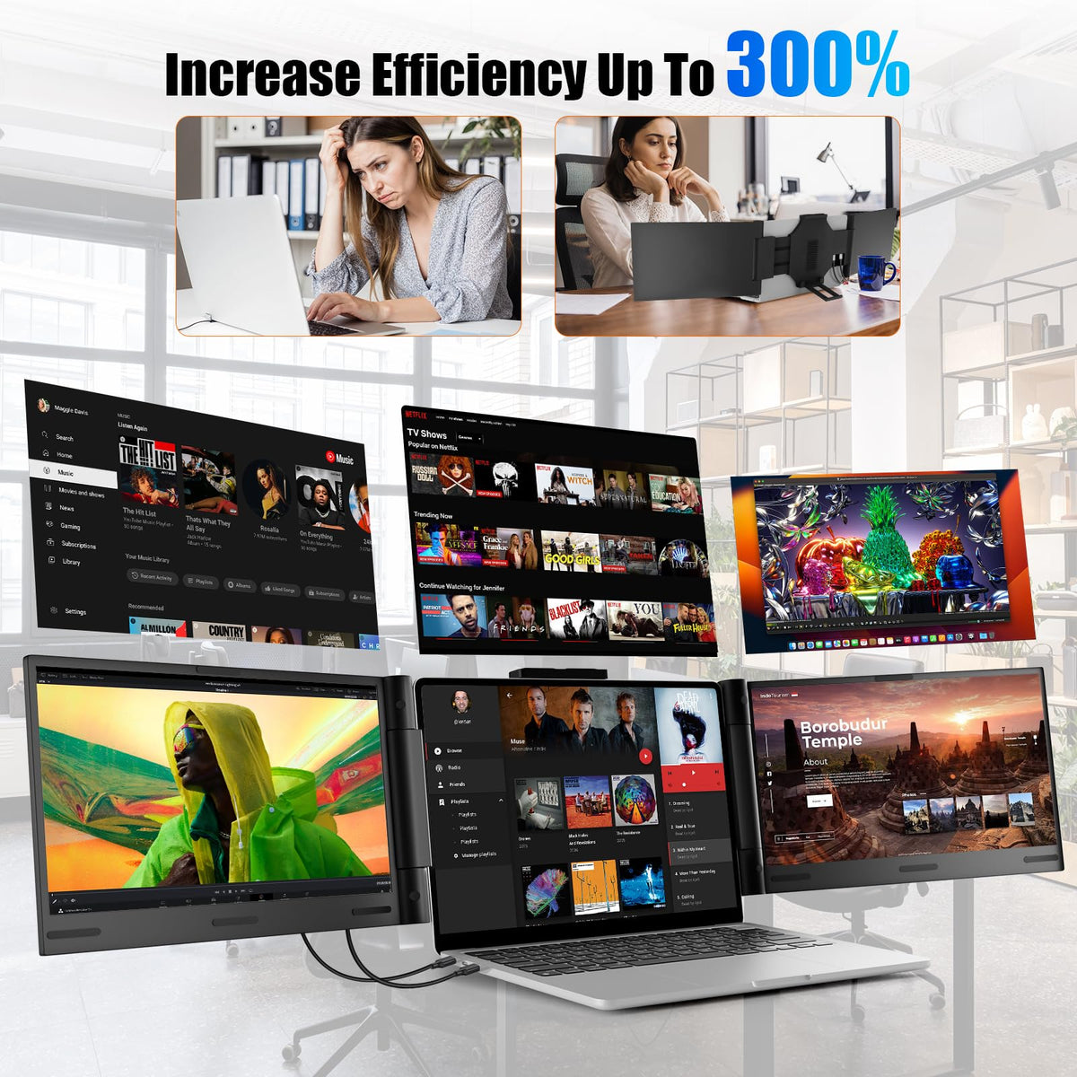 Funhill triple monitor desk setup enabling multi-screen workflow