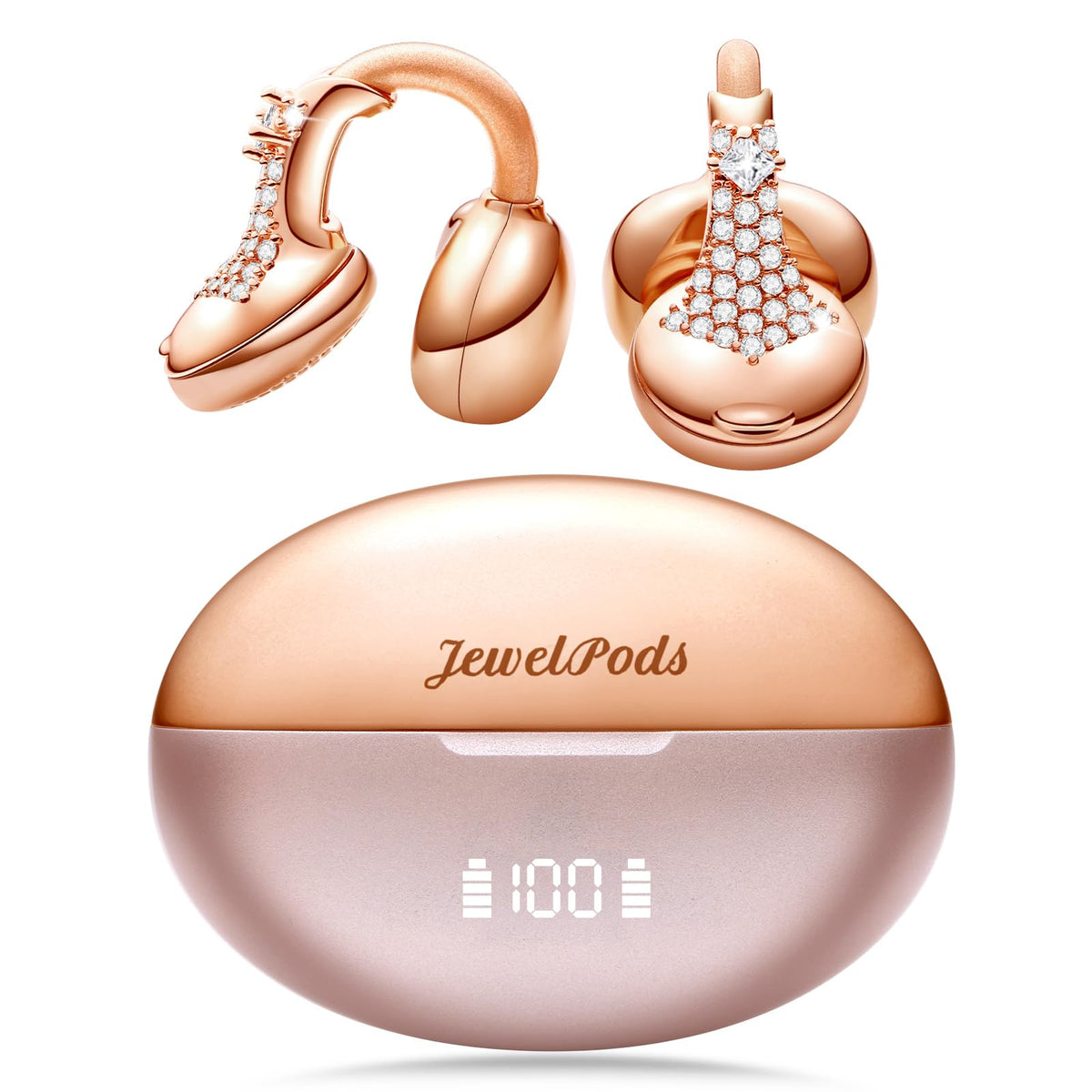 FUNNYEAH JewelPods front view showing jeweled rose gold earbuds and case, stylish daily use