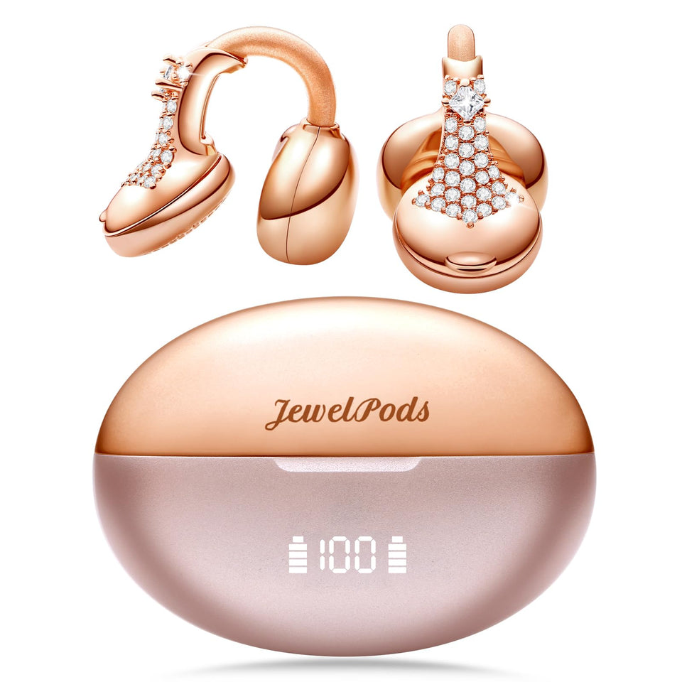 FUNNYEAH JewelPods front view showing jeweled rose gold earbuds and case, stylish daily use