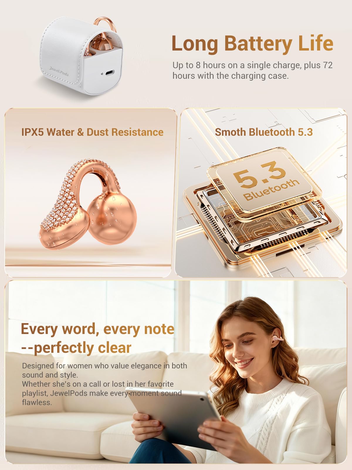 FunnyYeah JewelPods C01 Pro Bluetooth pairing screen highlights effortless auto-pair setup.