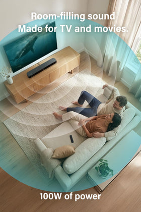 Funology Sound Bar Bluetooth 5.0 enables wireless streaming.