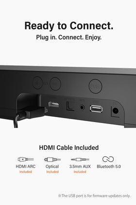 Funology Sound Bar compact design shown under a TV.