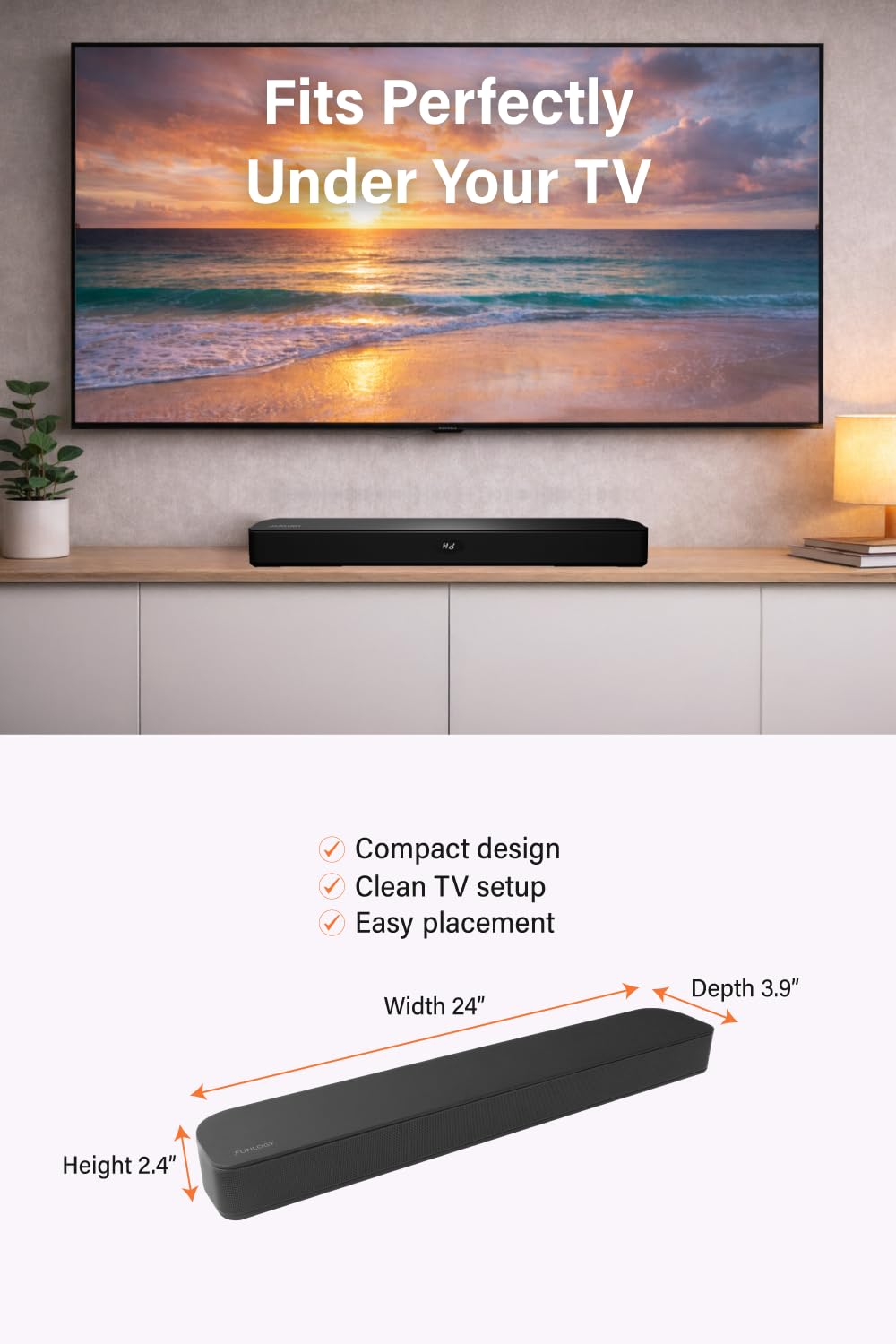 Funology Sound Bar LED display on front panel for quick input check.