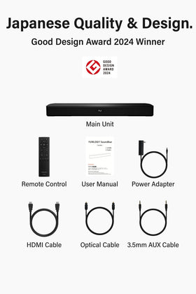 Funology Sound Bar packaging with remote and cables included.