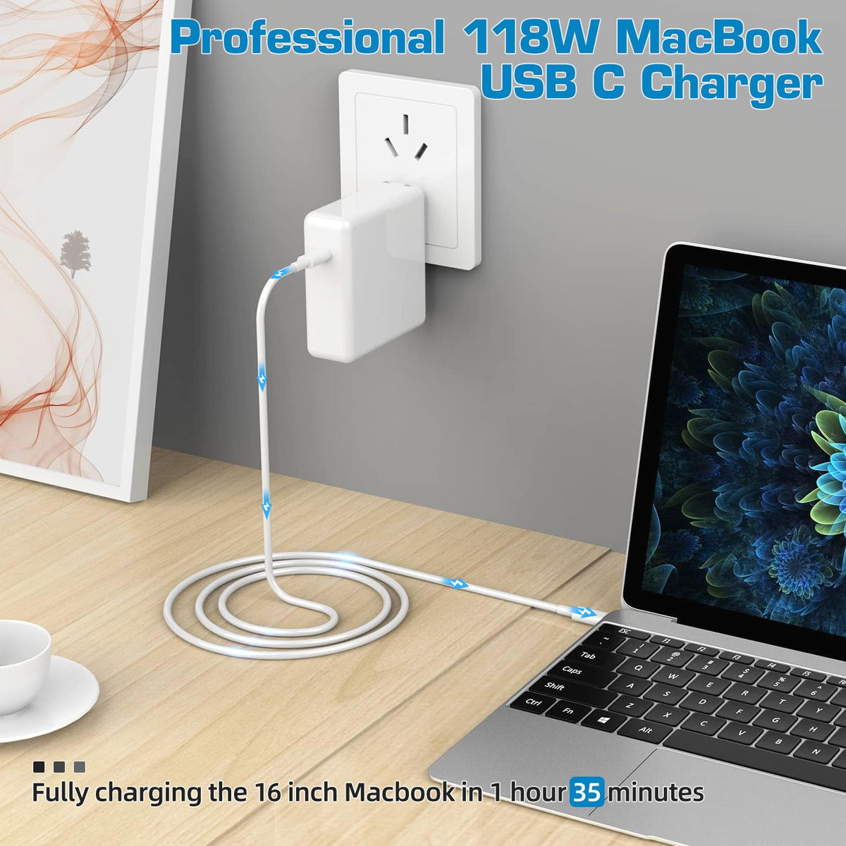 Furgor 118W USB-C charger back view highlights compact design and safety features.