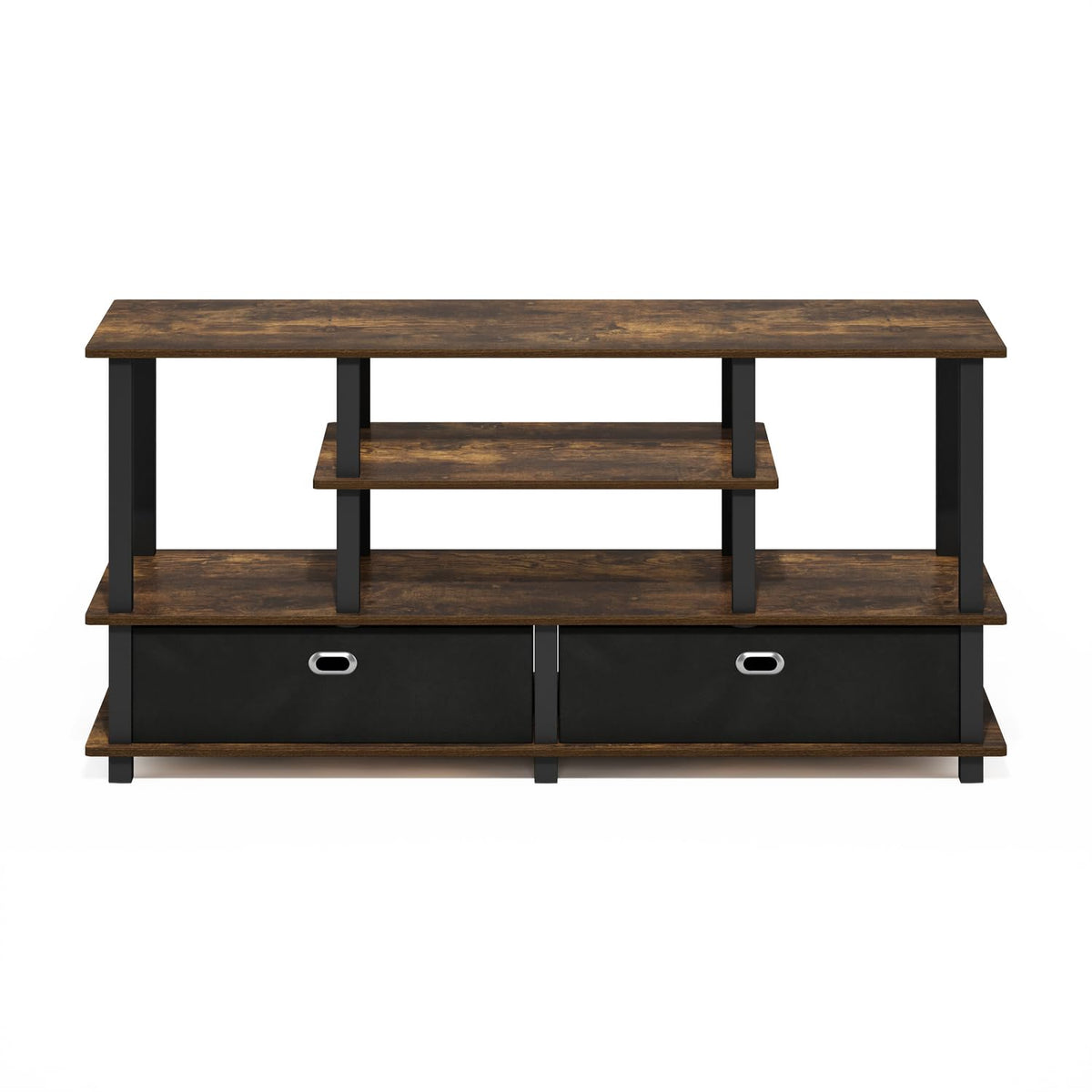 Furinno JAYA TV Stand removable fabric bins hide remotes and small accessories.