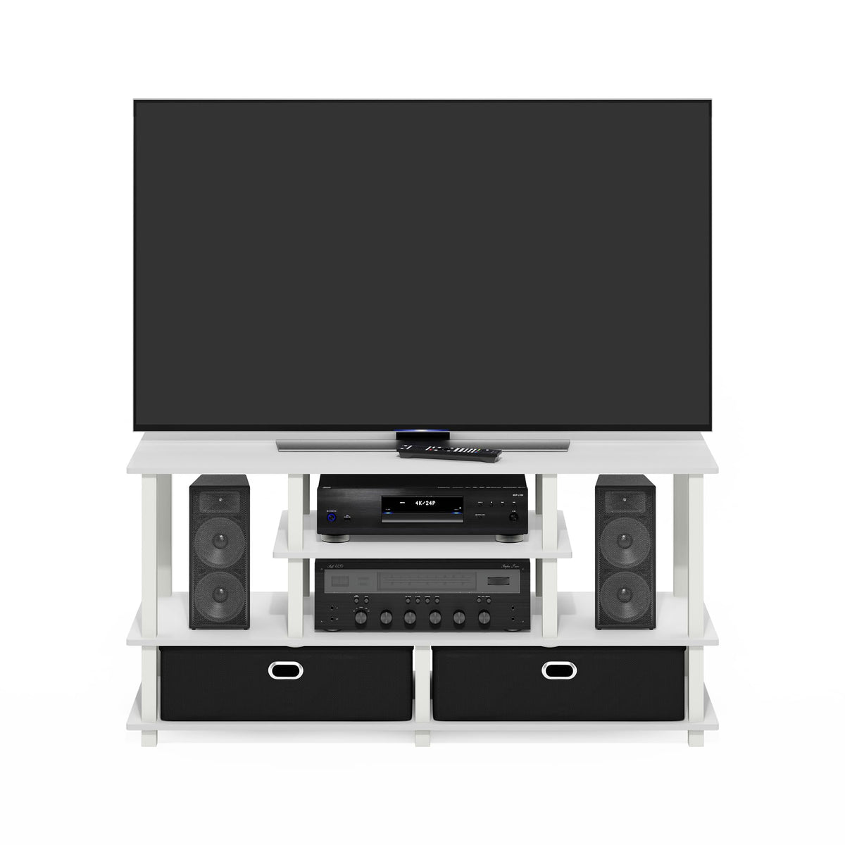 Furinno JAYA TV stand with fabric storage bins to hide remotes.
