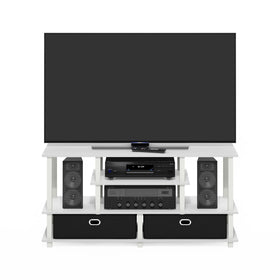 Furinno JAYA TV stand with fabric storage bins to hide remotes.