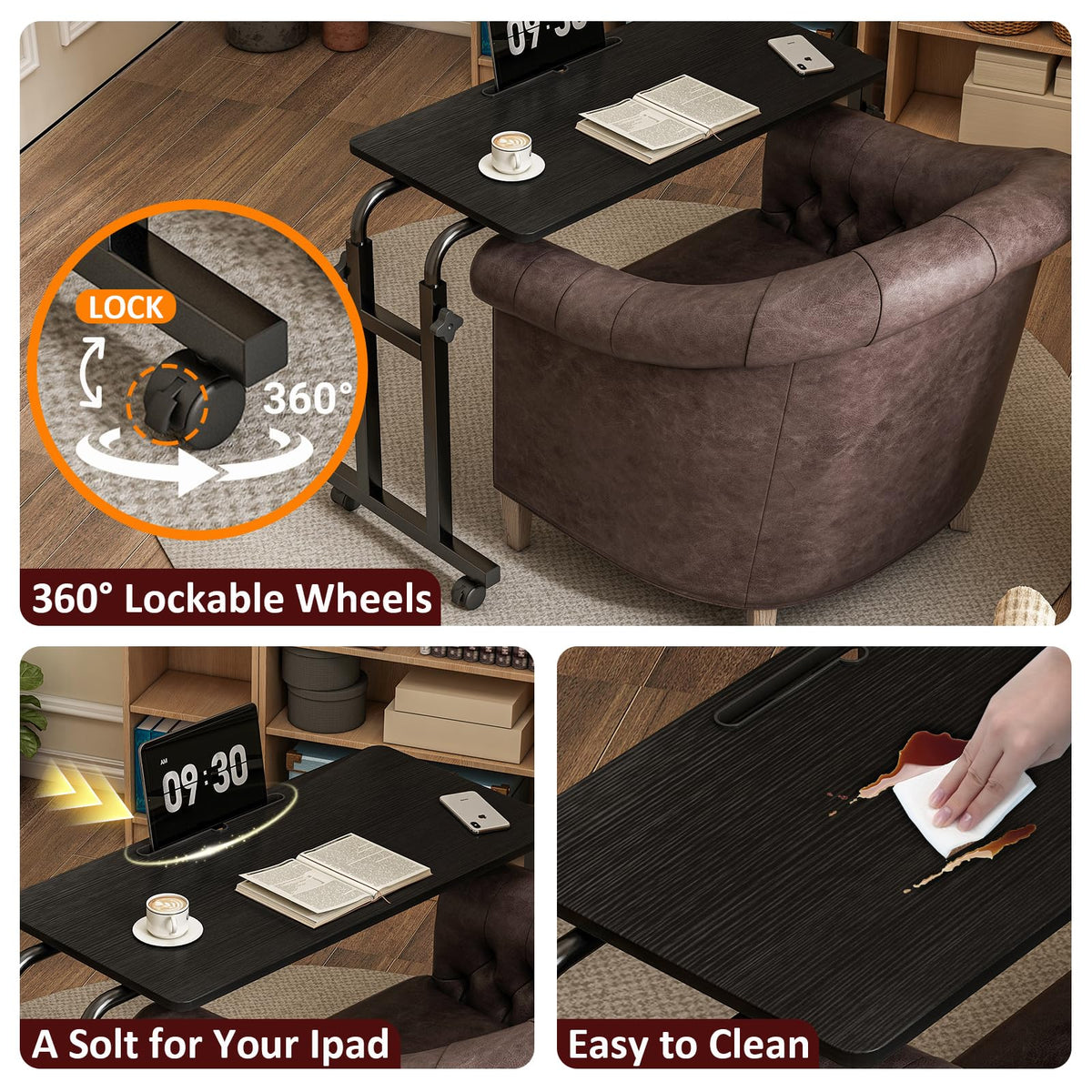 Furist overbed table heavy-duty frame supports laptops and meals with stability.
