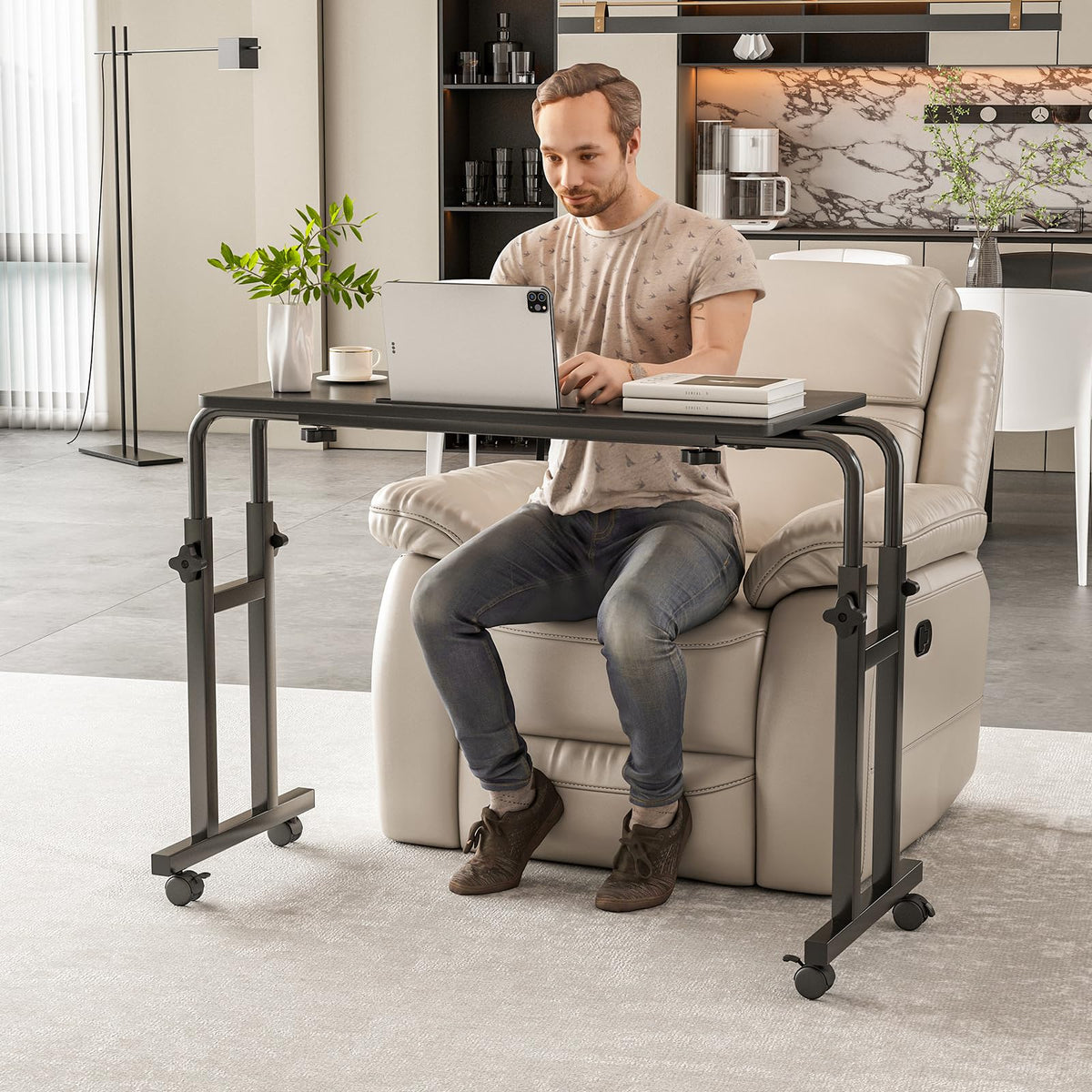 Furist overbed table multi-functional desk doubles as breakfast tray or home office surface.