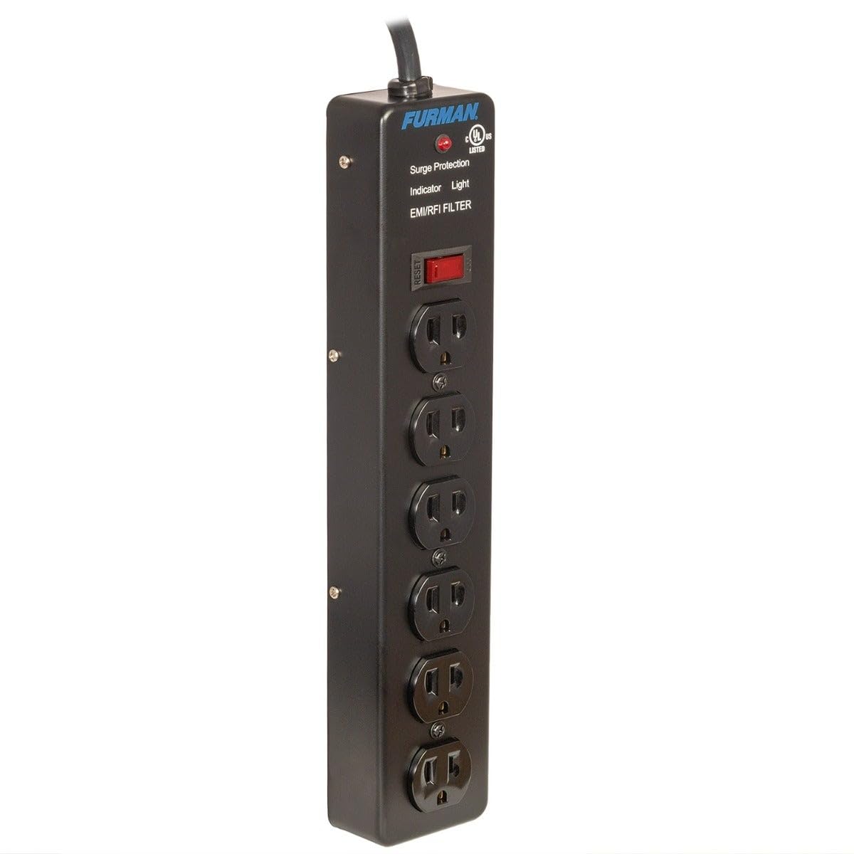 Close-up of Furman SS-6 outlets displaying six grounded sockets for multiple devices