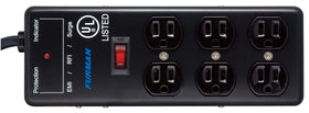 Furman close-up of illuminated on/off switch and outlets showing easy control and access
