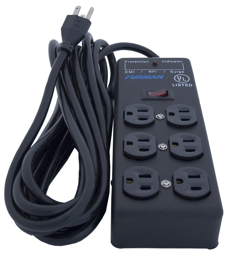 Furman SS6B front view showing six outlets and illuminated switch for organized power